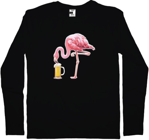 Flamingo drinks beer