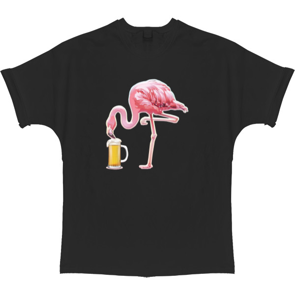 Flamingo drinks beer