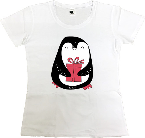 НОВЫЙ ГОД - Women's Premium T-Shirt - Penguin with a gift - Mfest