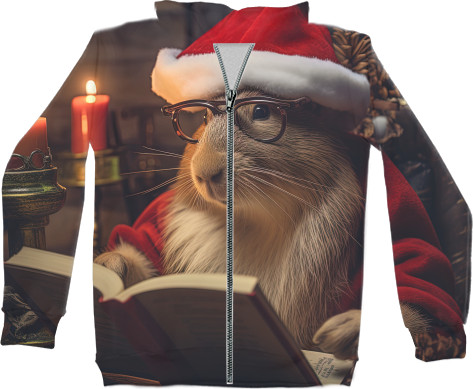 НОВЫЙ ГОД - 3D Zip Hoodie Unisex - Capybara wearing a Santa Claus hat - Mfest